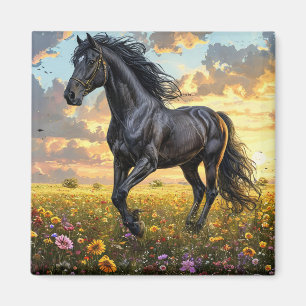 Majestic Black Horse Galloping Through a Vibrant F Magnet
