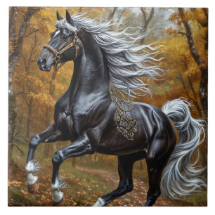 Majestic Black Horse in an Autumn Forest Tile