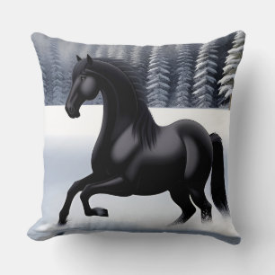 Majestic Black Horse Prancing on a Snowy Surface Throw Pillow