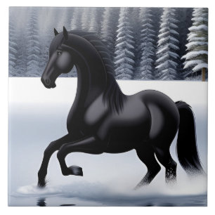 Majestic Black Horse Prancing on a Snowy Surface Tile