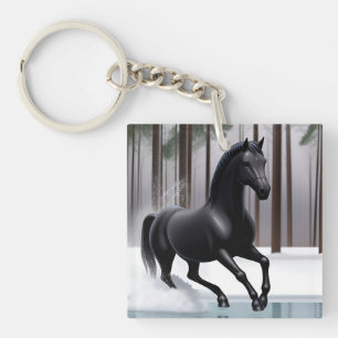 Majestic Black Horse Running Through a Snowy Winte Keychain