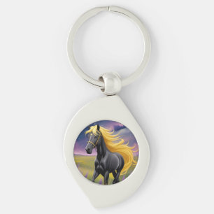 Majestic Black Horse with Flowing Golden Mane Keychain