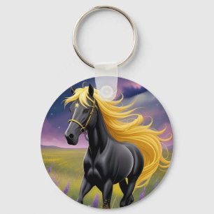 Majestic Black Horse with Flowing Golden Mane Keychain