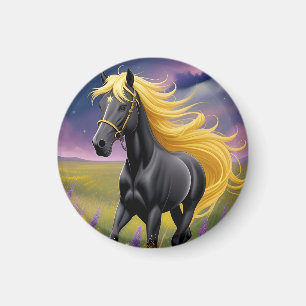 Majestic Black Horse with Flowing Golden Mane Magnet
