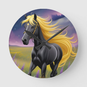 Majestic Black Horse with Flowing Golden Mane Round Clock