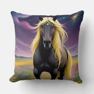 Majestic Black Horse with Flowing Golden Mane Throw Pillow