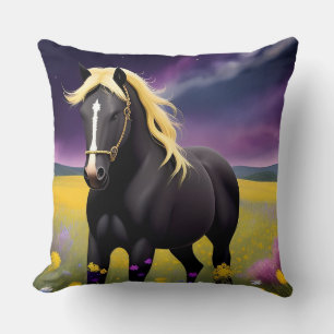 Majestic Black Horse with Flowing Golden Mane Throw Pillow