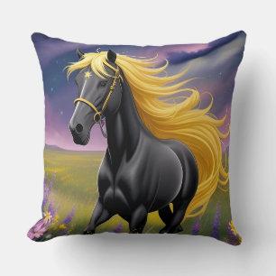 Majestic Black Horse with Flowing Golden Mane Throw Pillow
