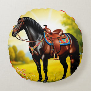 Majestic Black Horse With Saddle Round Pillow