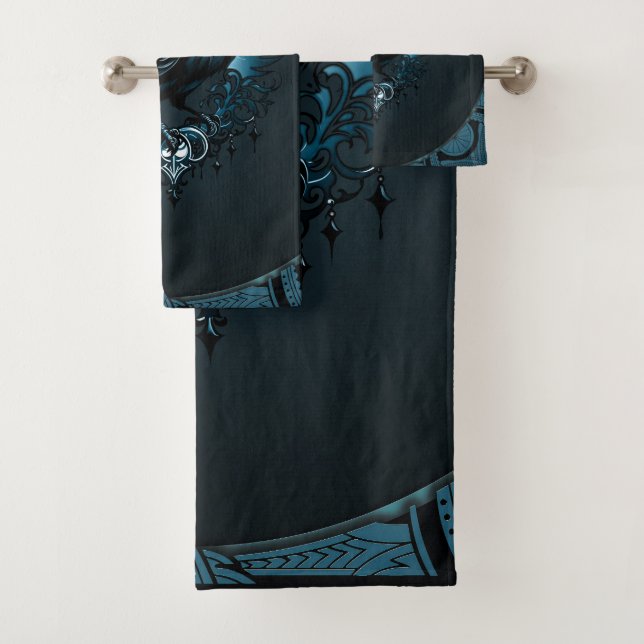 Majestic black raven sitting on an ornate bath towel set (Insitu)