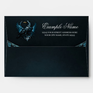 Majestic black raven sitting on an ornate envelope
