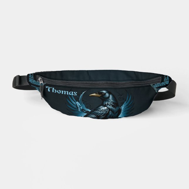 Majestic black raven sitting on an ornate fanny pack (Front)