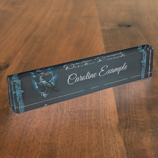 Majestic black raven sitting on an ornate nameplate (Side)