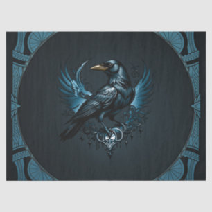 Majestic black raven sitting on an ornate, tissue paper