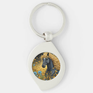 Majestic Black Stallion Amid Vibrant Wildflowers Keychain