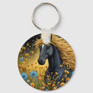 Majestic Black Stallion Amid Vibrant Wildflowers Keychain