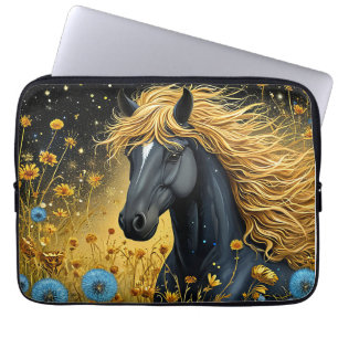 Majestic Black Stallion Amid Vibrant Wildflowers Laptop Sleeve