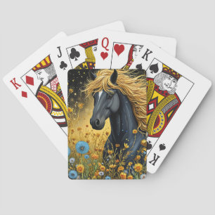 Majestic Black Stallion Amid Vibrant Wildflowers Playing Cards
