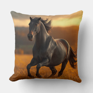 Majestic Black Stallion Horse Autumn Sunset Landsc Throw Pillow