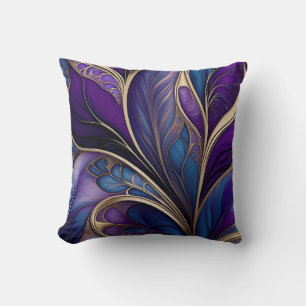 Majestic Bloom - Deep Purple and Blue Abstract Art Throw Pillow