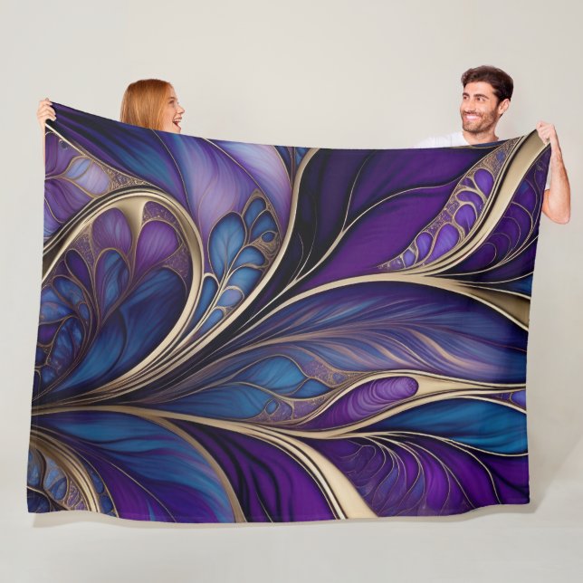 Majestic Bloom - Deep Purple and Blue Abstract Fleece Blanket (In Situ)