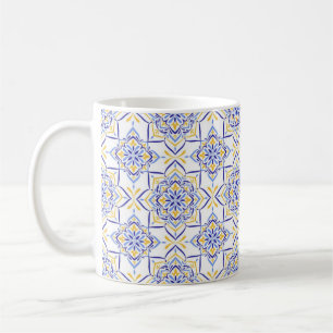 Majestic Bloom Elegant Blue and Gold Floral Mosai Coffee Mug