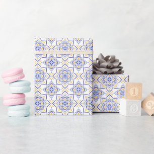 Majestic Bloom Elegant Blue and Gold Floral Mosai Wrapping Paper