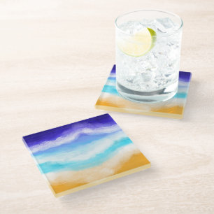 Majestic Blue and Teal Waves on Sandy Shore  Glass Coaster