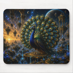 Majestic Blue & Gold Celestial Peacock Mouse Pad