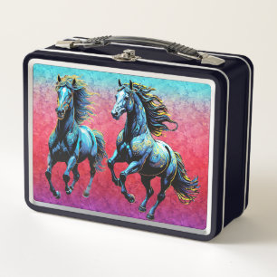Majestic Blue Horses Galloping in the Mist Metal Lunch Box