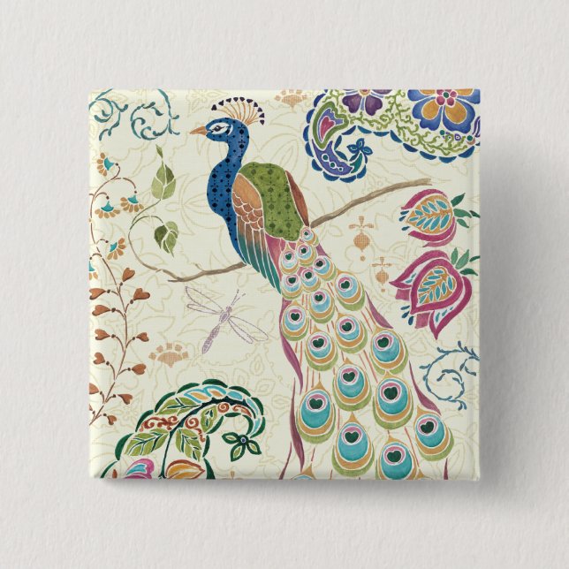 Majestic Blue Peacock 2 Inch Square Button (Front)