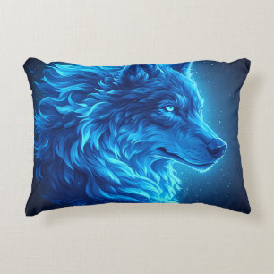 Majestic Blue Wolf Glowing Fantasy Wildlife Art Accent Pillow