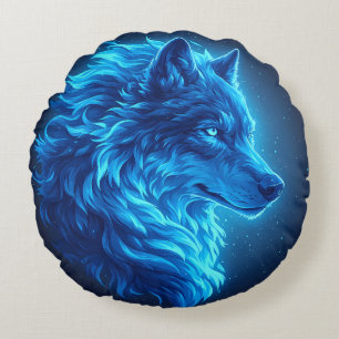 Majestic Blue Wolf Glowing Fantasy Wildlife Art Round Pillow