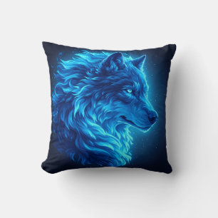 Majestic Blue Wolf Glowing Fantasy Wildlife Art Throw Pillow