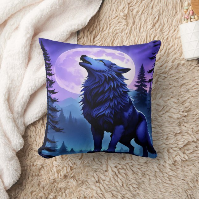 Majestic Blue Wolf Howling Under Full Moon Throw Pillow (Blanket)