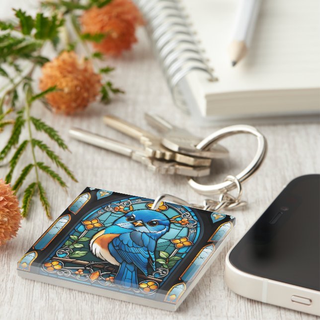 Majestic Bluebird Perched on Stained Glass Window Keychain (Front Right)