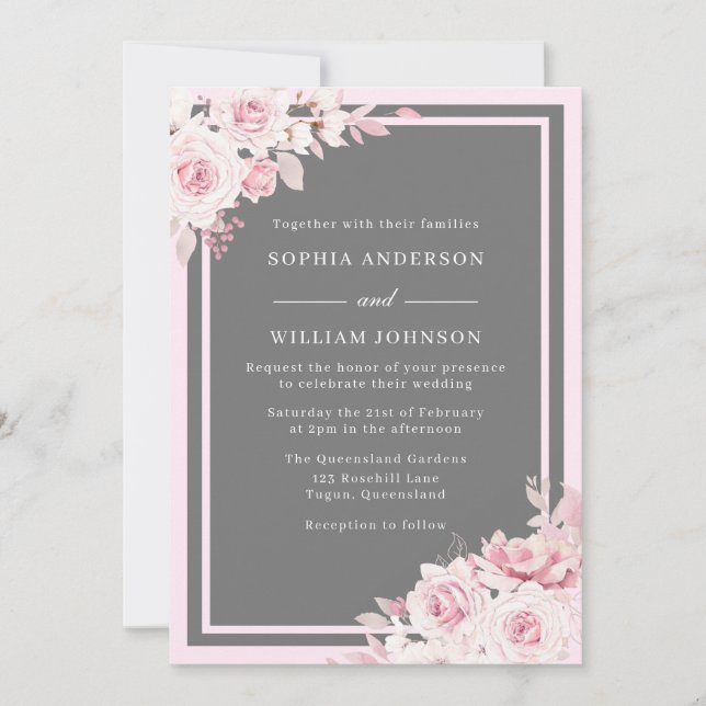 Majestic Blush & Grey Floral Watercolor Wedding Invitation (Front)