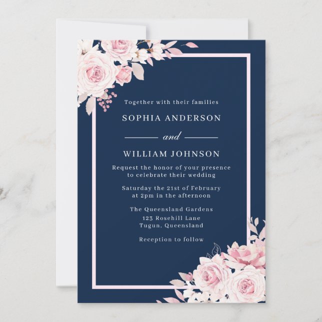 Majestic Blush & Navy Floral Watercolor Wedding Invitation (Front)