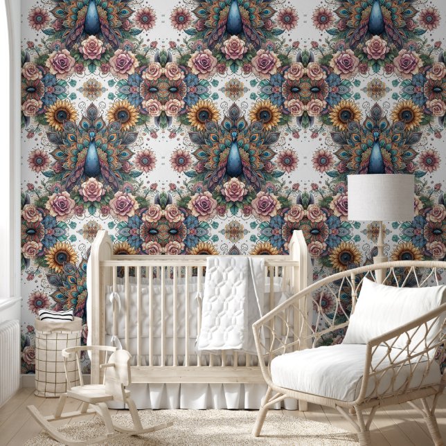 Majestic Boho Peacock & Sunflowers Wallpaper (Kids)