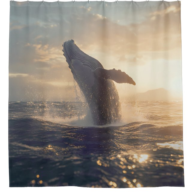 Majestic Breaching Whale at Sunset Shower Curtain (Front)