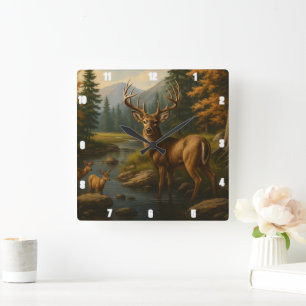 Majestic Buck By Two Fawns Forest Stream Square Wall Clock