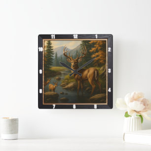 Majestic Buck Forest Stream Square Wall Clock
