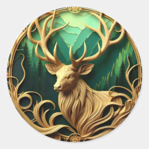 Majestic buck gazing out into a serene forest classic round sticker