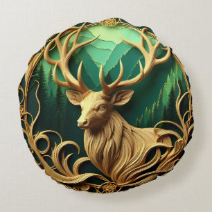 Majestic buck gazing out into a serene forest round pillow