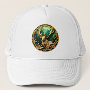 Majestic buck gazing out into a serene forest trucker hat
