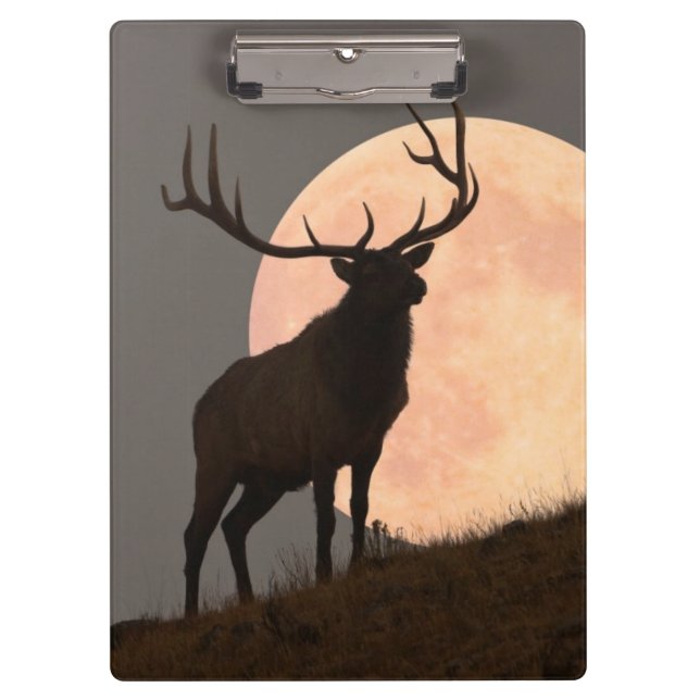 Majestic Bull Elk and Full Moon Rise Clipboard (Front)