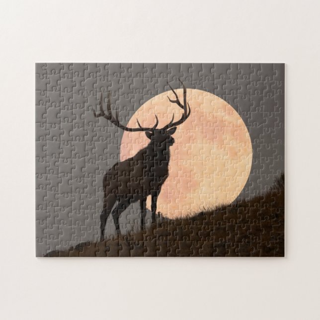 Majestic Bull Elk and Full Moon Rise Jigsaw Puzzle (Horizontal)