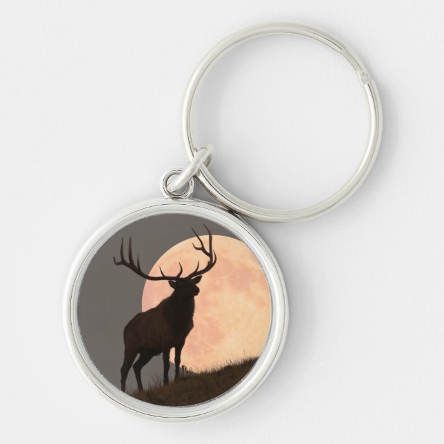 Majestic Bull Elk and Full Moon Rise Keychain (Front)