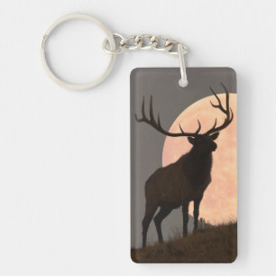 Majestic Bull Elk and Full Moon Rise Keychain