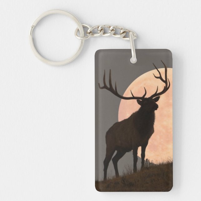 Majestic Bull Elk and Full Moon Rise Keychain (Front)